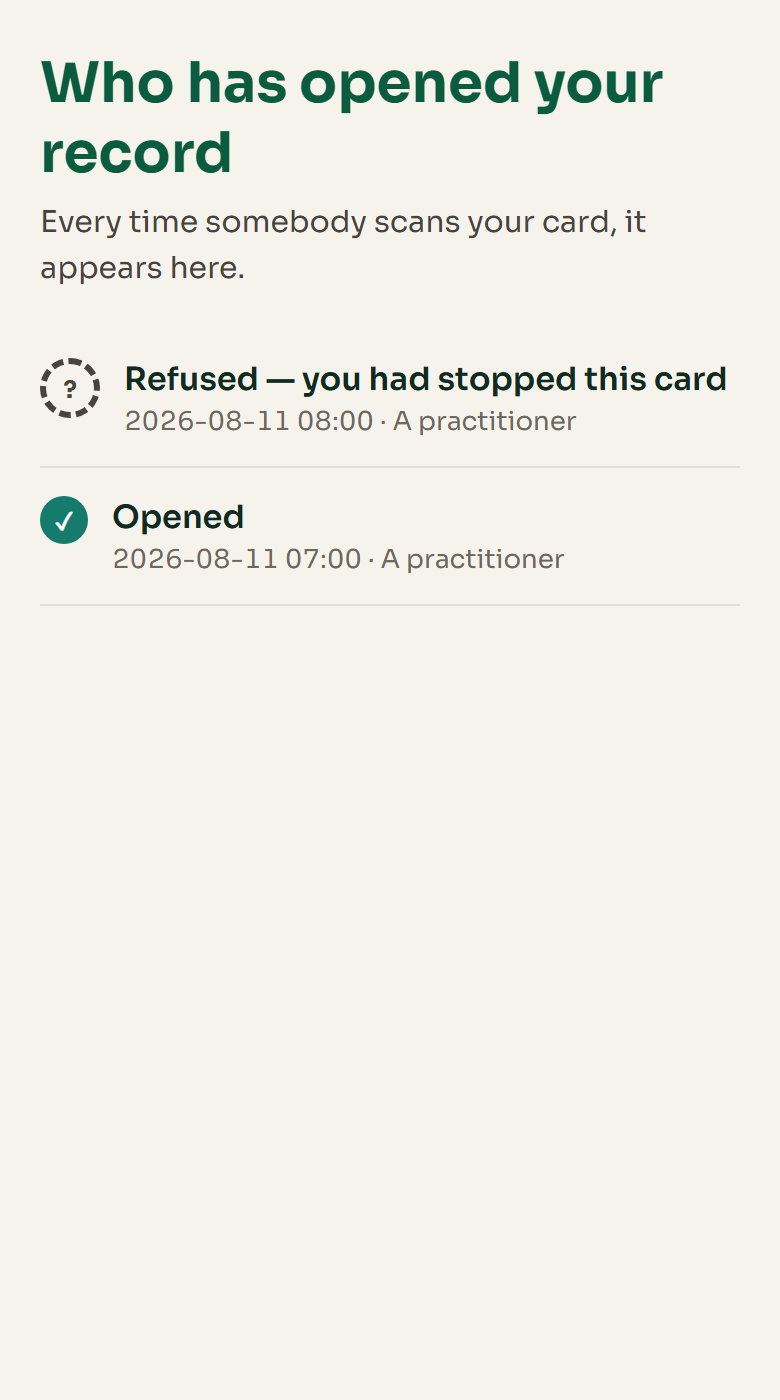 The access log screen, listing each practitioner who opened the record.