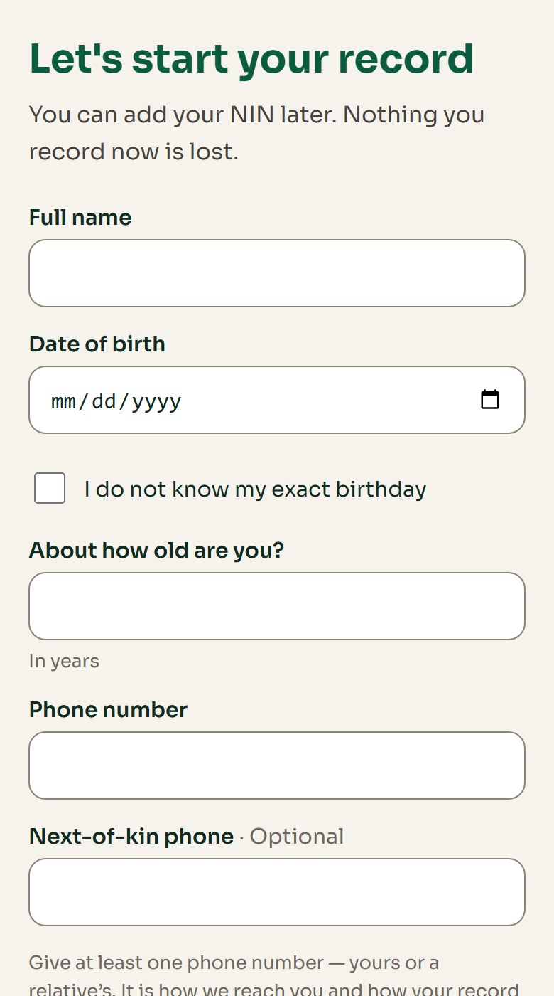 The registration screen of the SASRec Health app, asking for a full name and date of birth.
